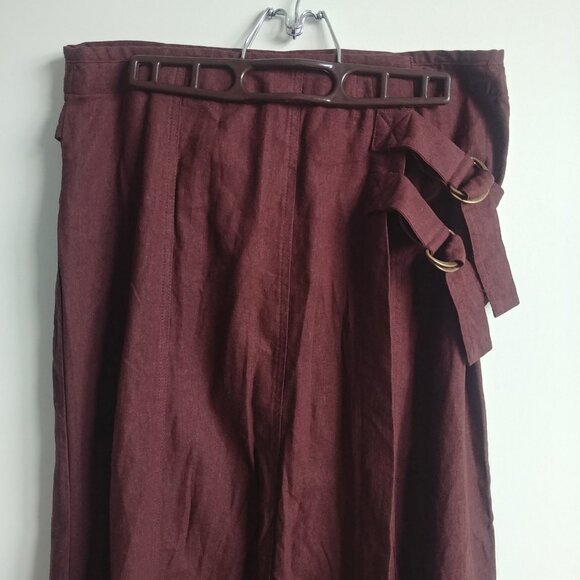 Studio Point linen blend chocolate brown wrap style midi skirt front slit 10 - Picture 4 of 15